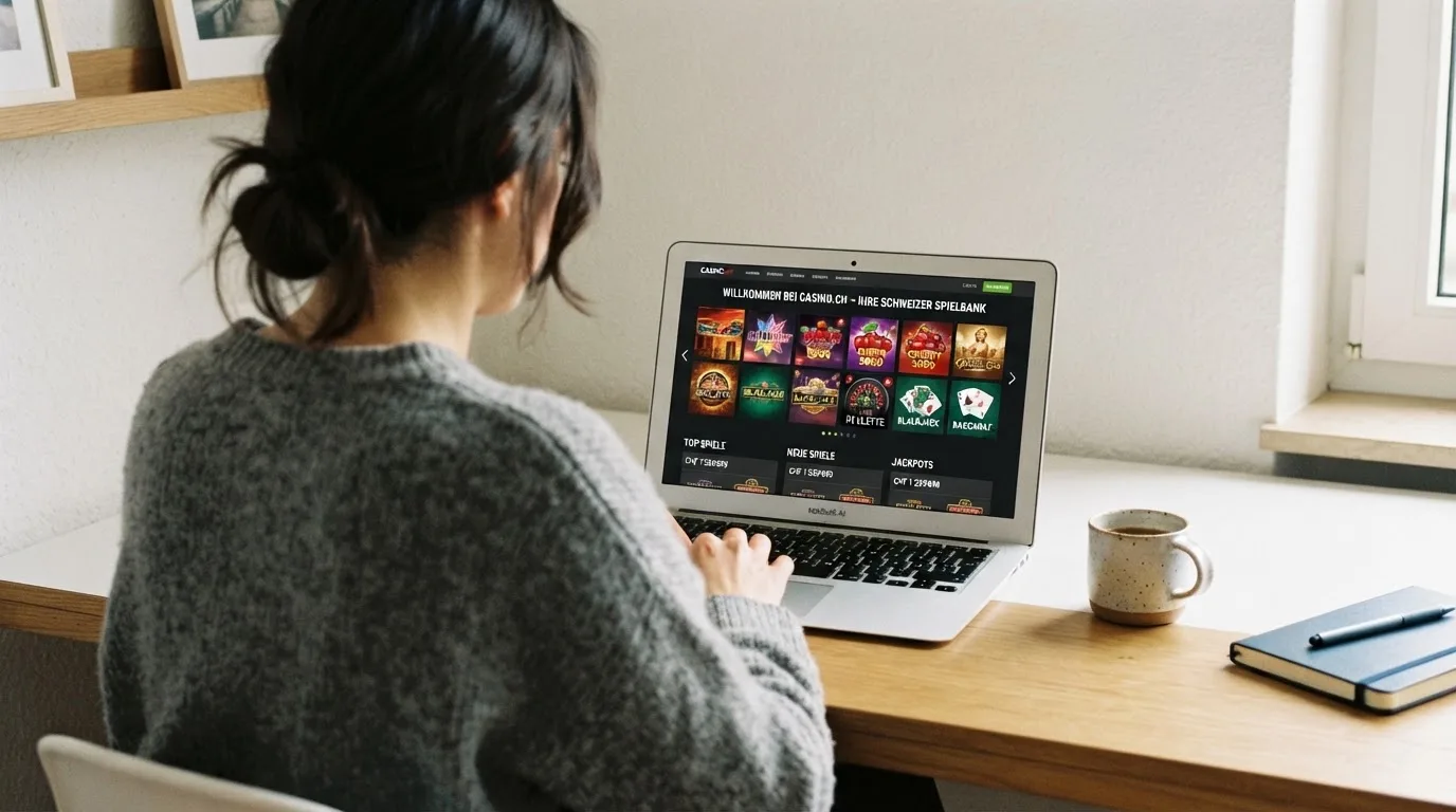 Person am Laptop liest eine Übersichtsseite zu Geldspielen im Internet — 10 franken bonus ohne einzahlung casino