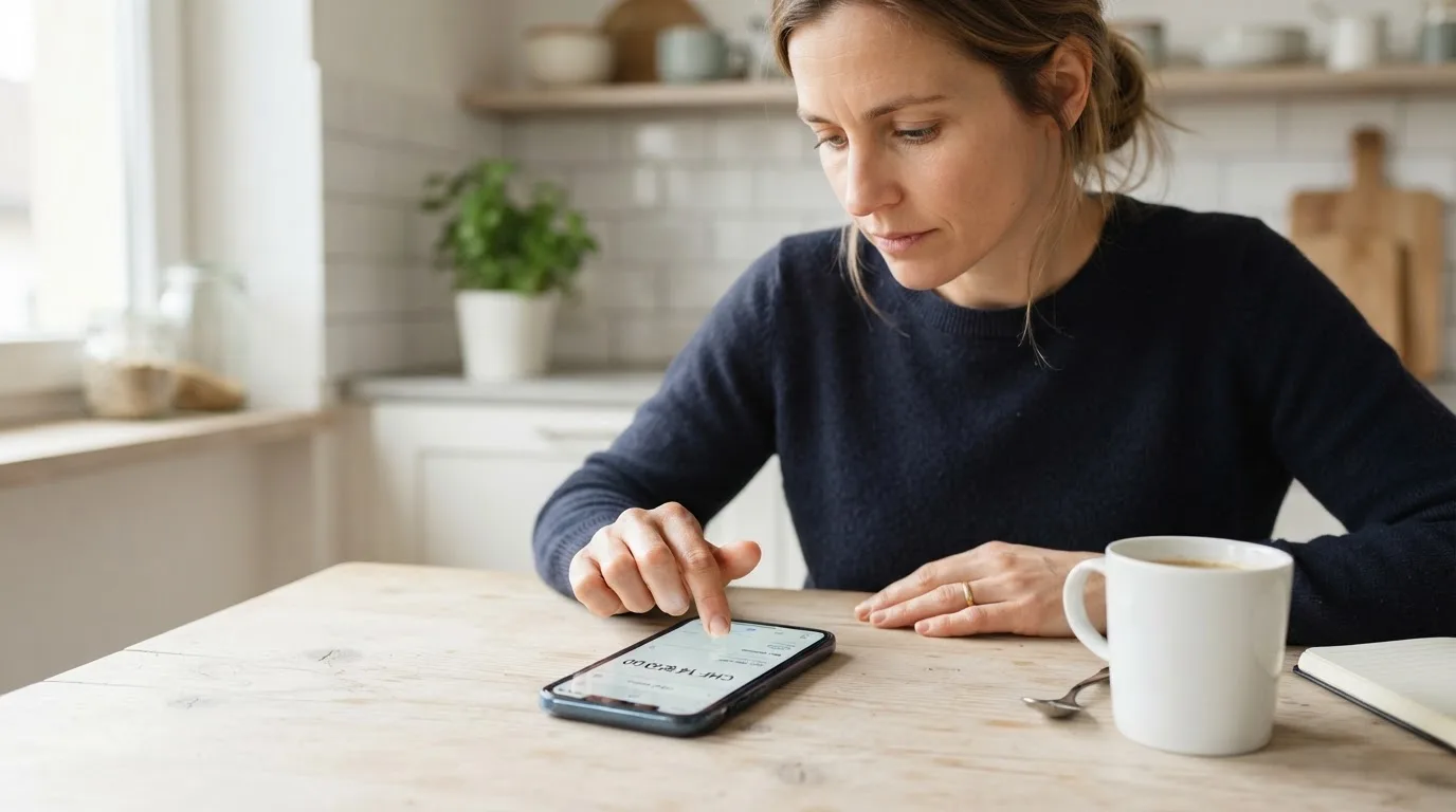 Frau tippt konzentriert auf ihrem Smartphone an einem Küchentisch, eine Tasse Kaffee steht griffbereit daneben.