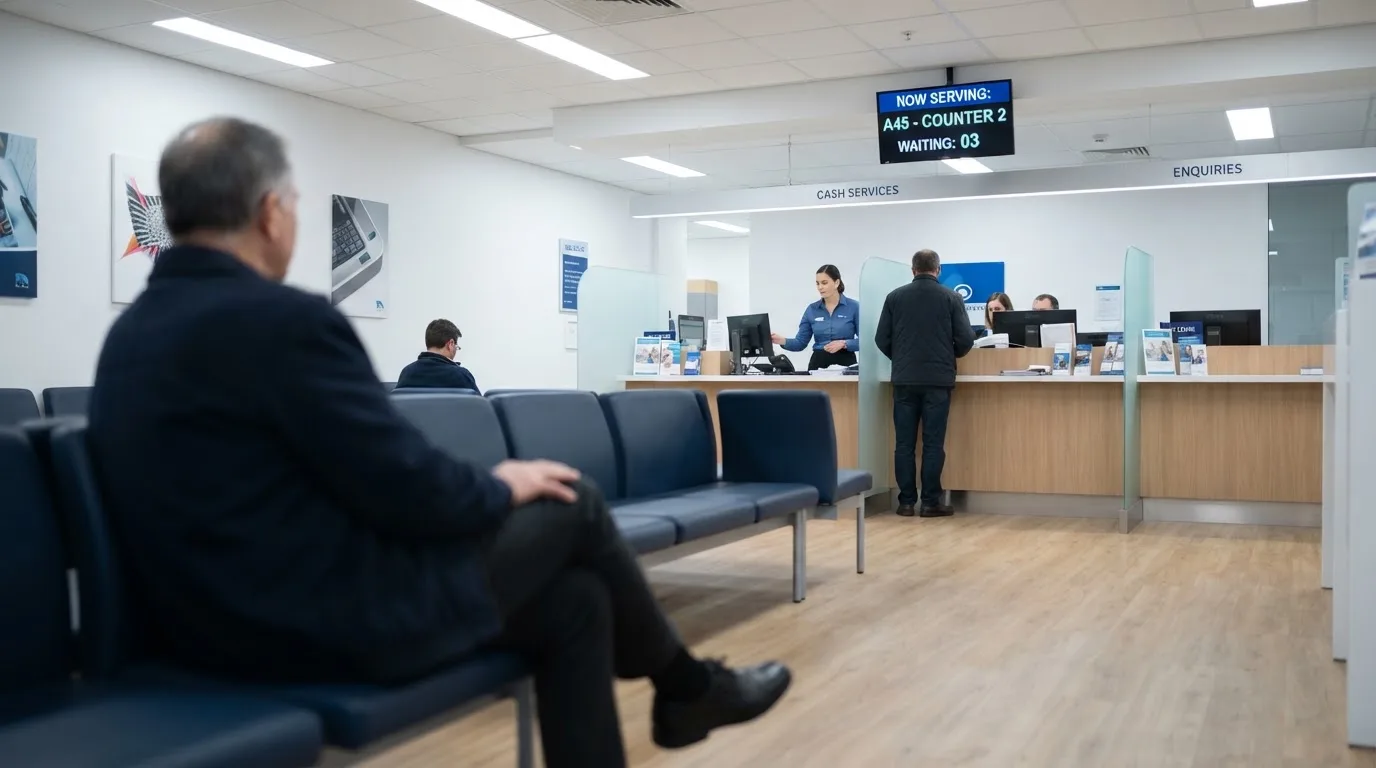 Blick auf eine helle Bankfiliale mit Wartebereich, im Vordergrund unscharf eine Person mit Jacke.