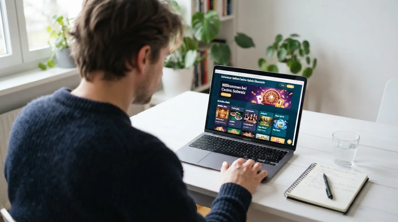 Person am Laptop liest eine Übersichtsseite zu Geldspielen im Internet — 150 freispiele ohne einzahlung