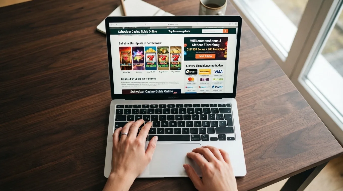 Person am Laptop liest eine Übersichtsseite zu Geldspielen im Internet — 20 franken bonus ohne einzahlung casino