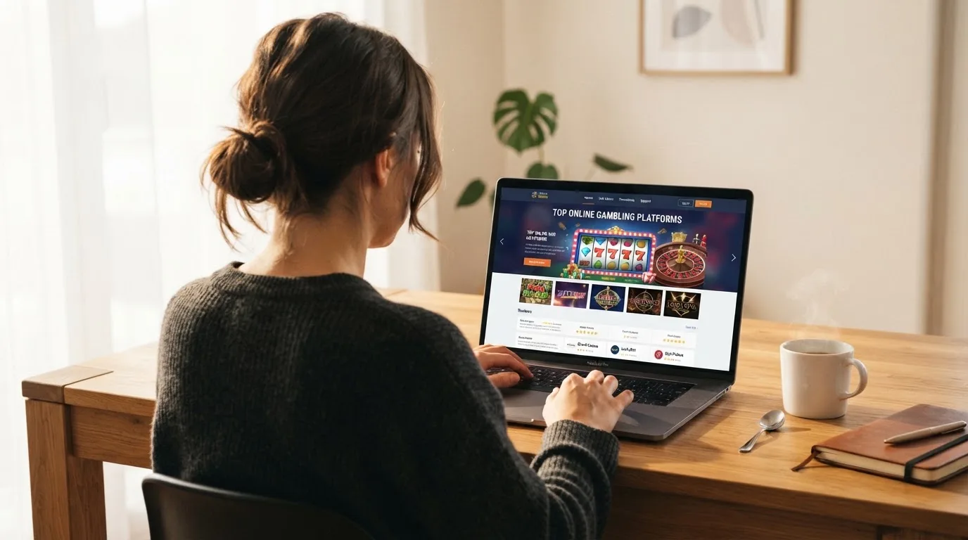 Person am Laptop liest eine Übersichtsseite zu Geldspielen im Internet — 20 freispiele ohne einzahlung