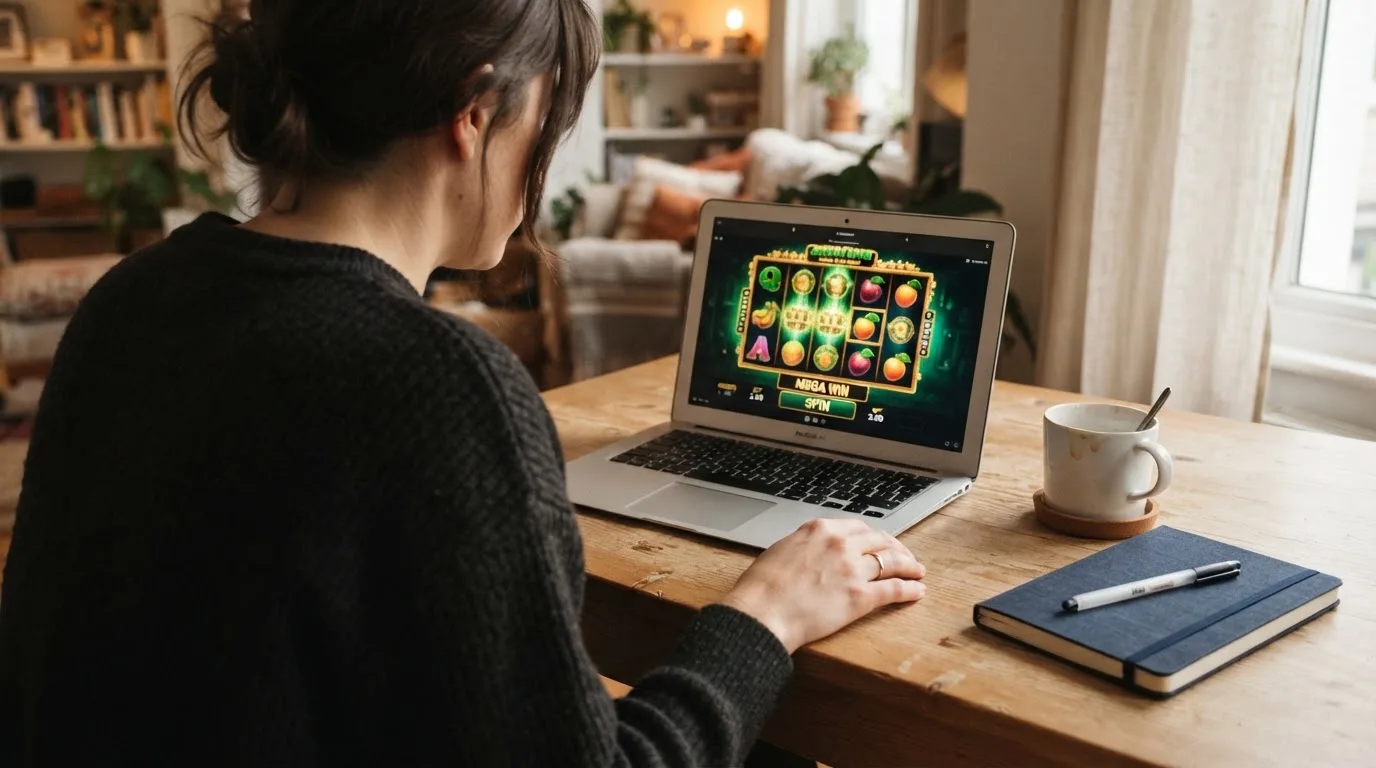 Person am Laptop liest eine Übersichtsseite zu Geldspielen im Internet — 40 franken bonus ohne einzahlung casino