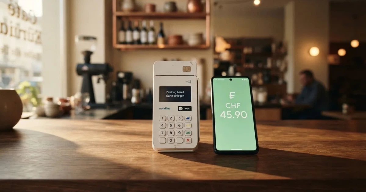 Kartenterminal und Smartphone mit einer ausstehenden Zahlungsbenachrichtigung — 5 franken bonus ohne einzahlung casino