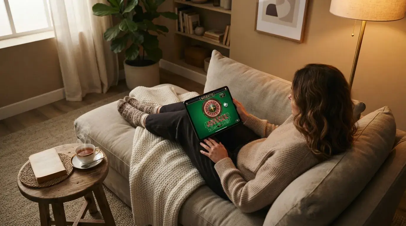 Person sitzt entspannt mit Tablet auf dem Sofa, warmes Lampenlicht, eine Tasse Tee steht daneben auf einem kleinen Tisch.