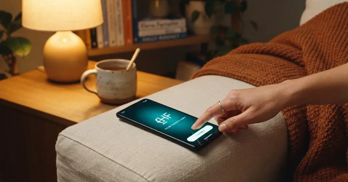 Nahaufnahme einer Hand, die auf einem Smartphone eine Zahlungsbestätigung antippt, im Hintergrund eine gemütliche Wohnzimmerecke am Abend.