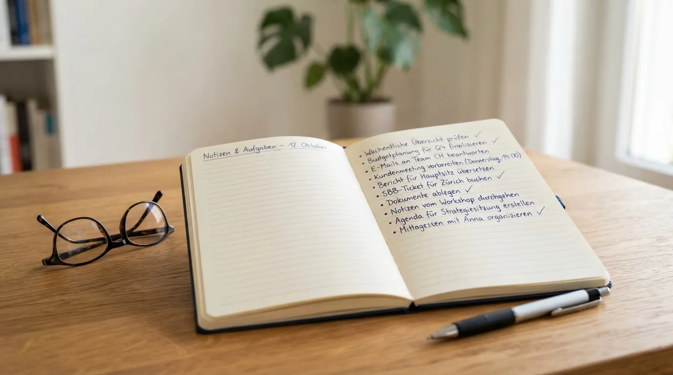 Ein Notizbuch mit handschriftlichen Stichpunkten liegt neben einer Brille auf einem Holzschreibtisch bei Tageslicht.