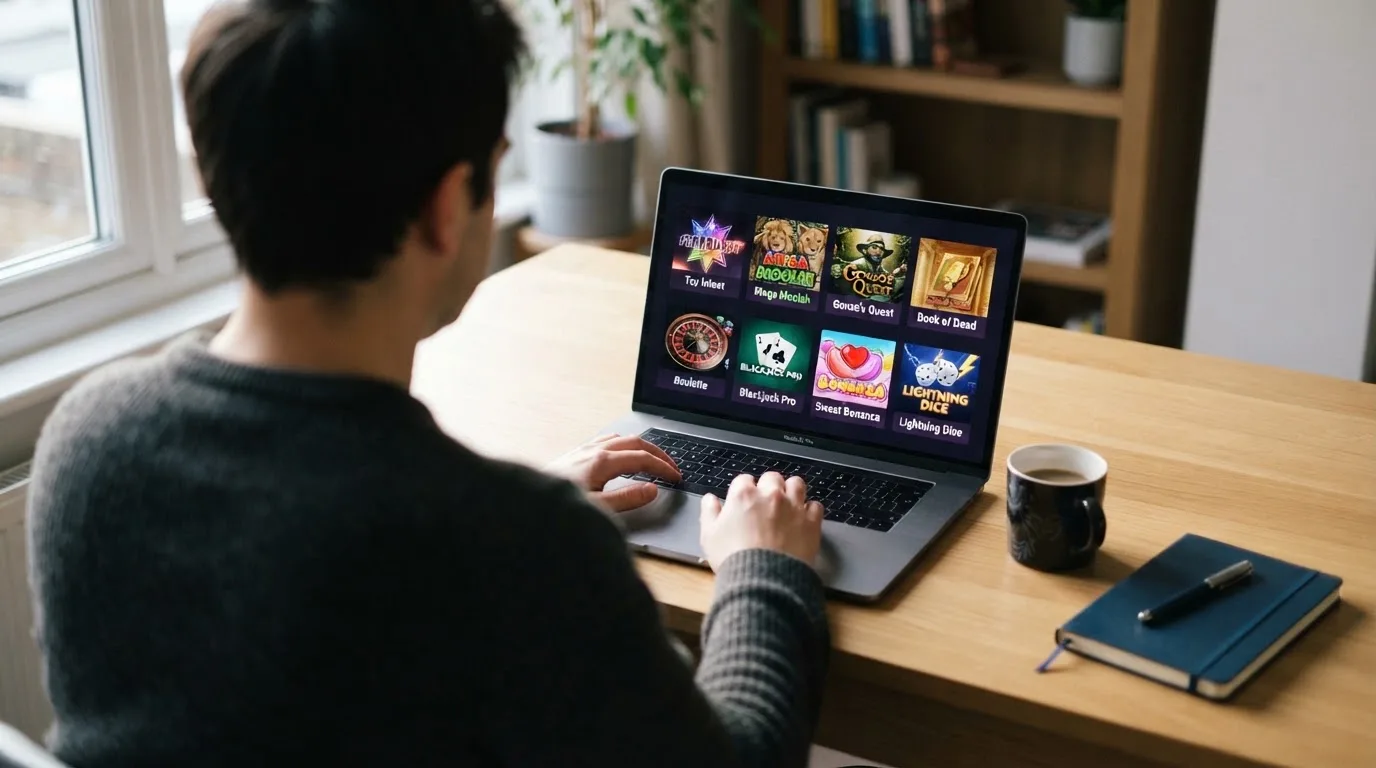 Person am Laptop liest eine Übersichtsseite zu Geldspielen im Internet — best crypto casino schweiz