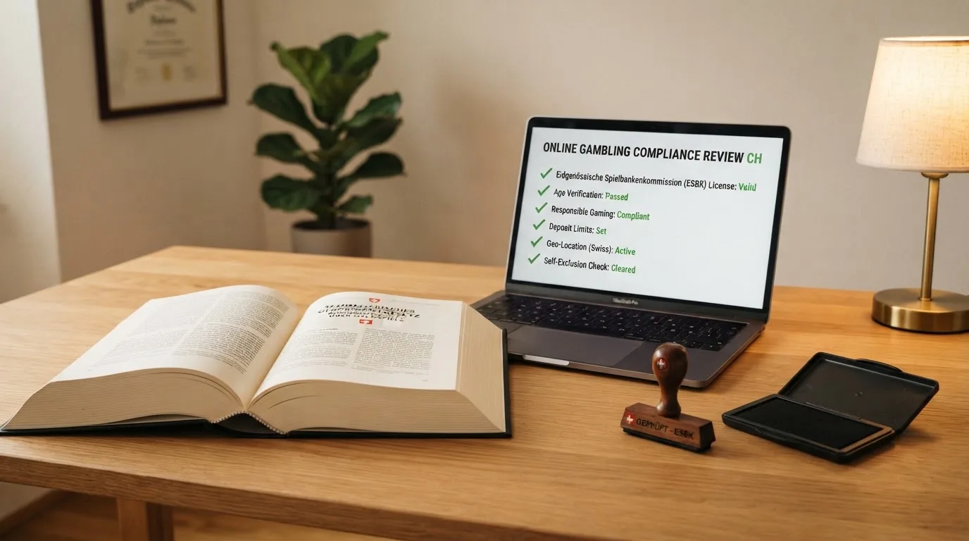 Amtliches Schreiben mit Stempel auf einem Schreibtisch neben einem Gesetzbuch — best crypto casino schweiz