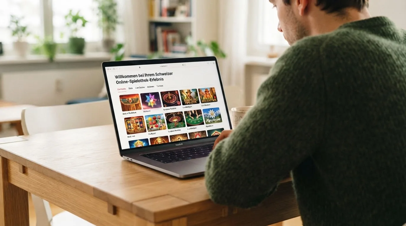 Person am Laptop liest eine Übersichtsseite zu Geldspielen im Internet — beste ausländische casinos für schweizer spieler