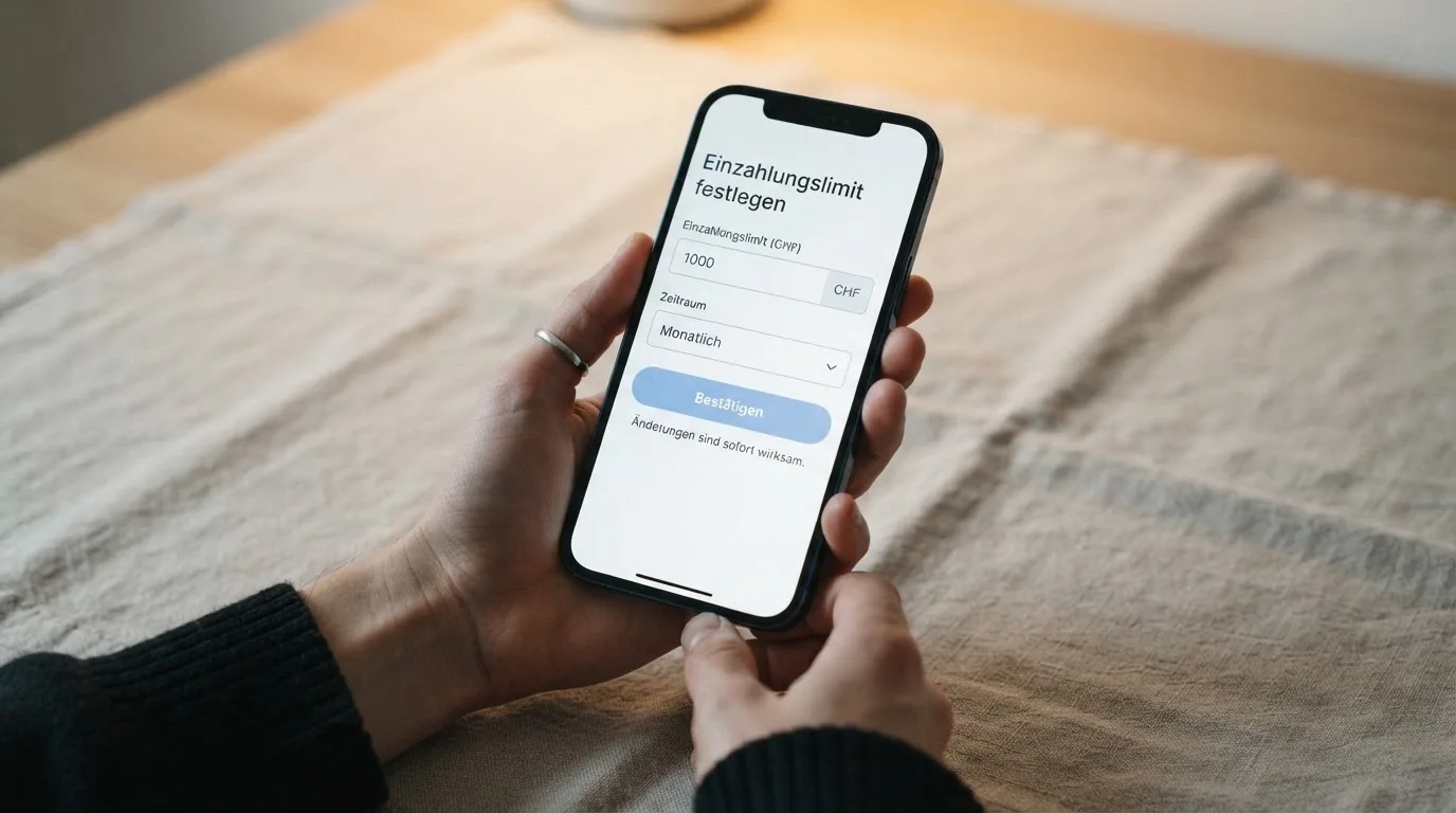 Hand hält ein Smartphone mit einem Formular zur Einzahlungsgrenze, ruhige Stimmung — beste ausländische casinos für schweizer spieler