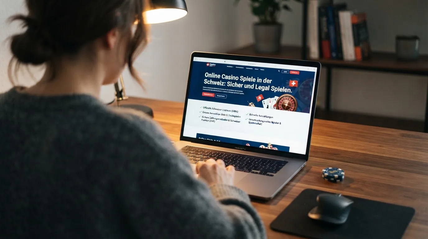 Person am Laptop liest eine Übersichtsseite zu Geldspielen im Internet — beste casino mit schneller auszahlung