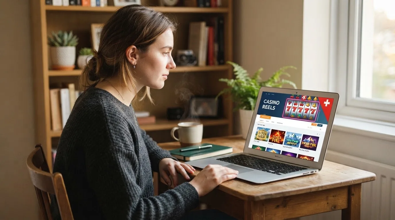 Person am Laptop liest eine Übersichtsseite zu Geldspielen im Internet — beste casino ohne verifizierung auszahlen