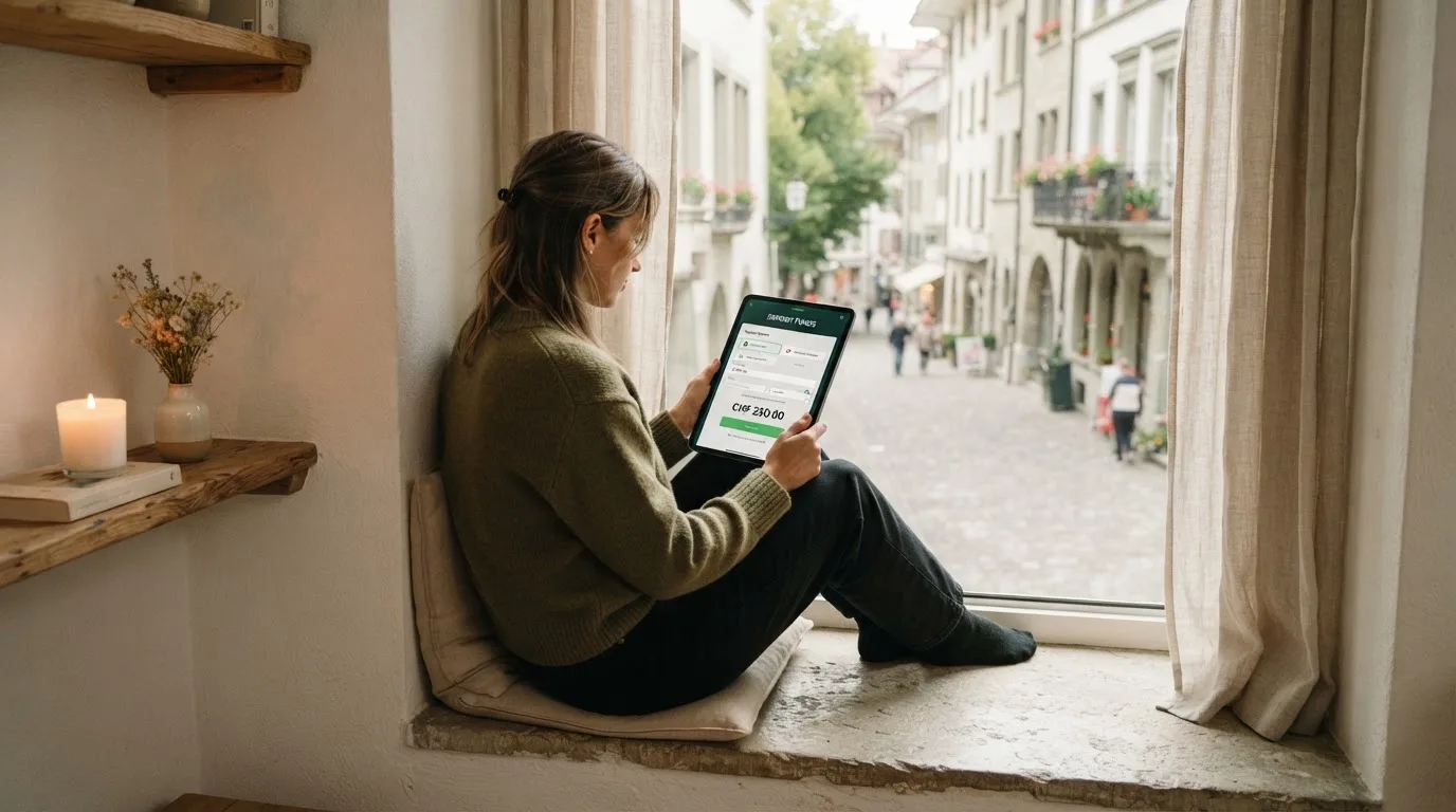 Frau sitzt mit einem Tablet auf einer Fensterbank, Blick nach draussen auf eine ruhige Strasse.