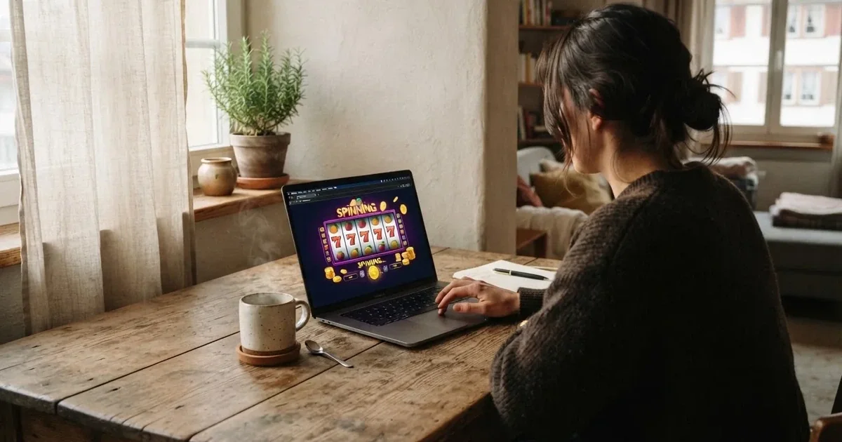 Person prüft an einem Küchentisch eine Kontoübersicht auf dem Laptop, Kaffeetasse steht griffbereit daneben.