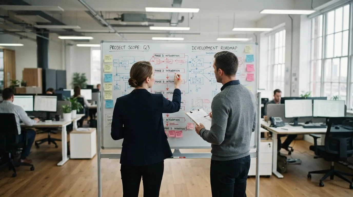 Zwei Kollegen besprechen an einem Whiteboard mit Notizen einen Ablauf, Grossraumbüro im Hintergrund.