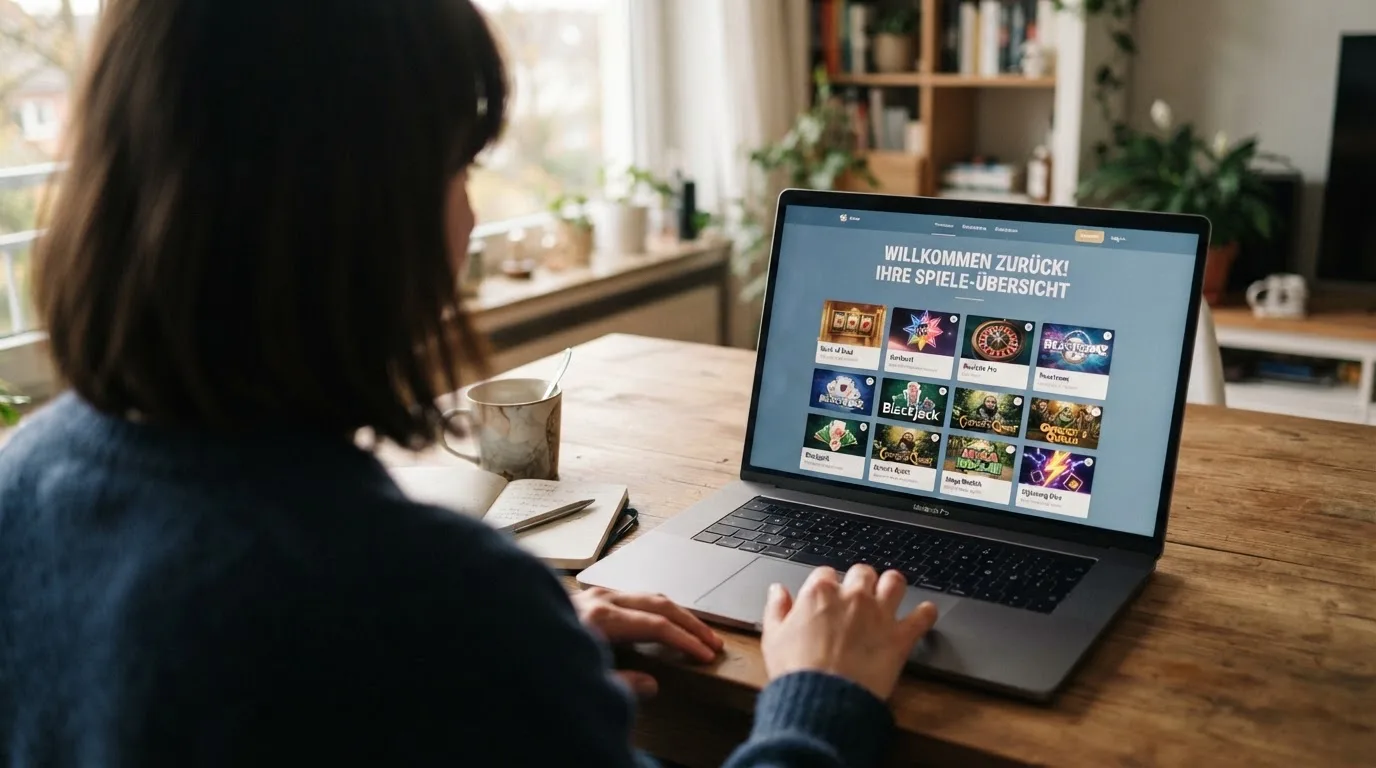 Person am Laptop liest eine Übersichtsseite zu Geldspielen im Internet — beste craps online casinos schweiz