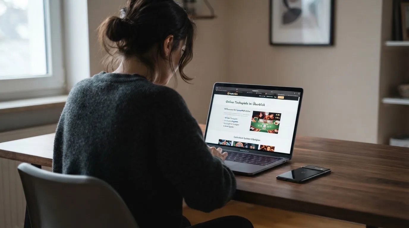 Person am Laptop liest eine Übersichtsseite zu Geldspielen im Internet — beste live baccarat schweiz