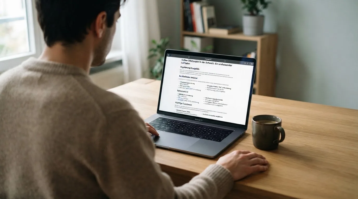 Person am Laptop liest eine Übersichtsseite zu Geldspielen im Internet — beste online casino ausland