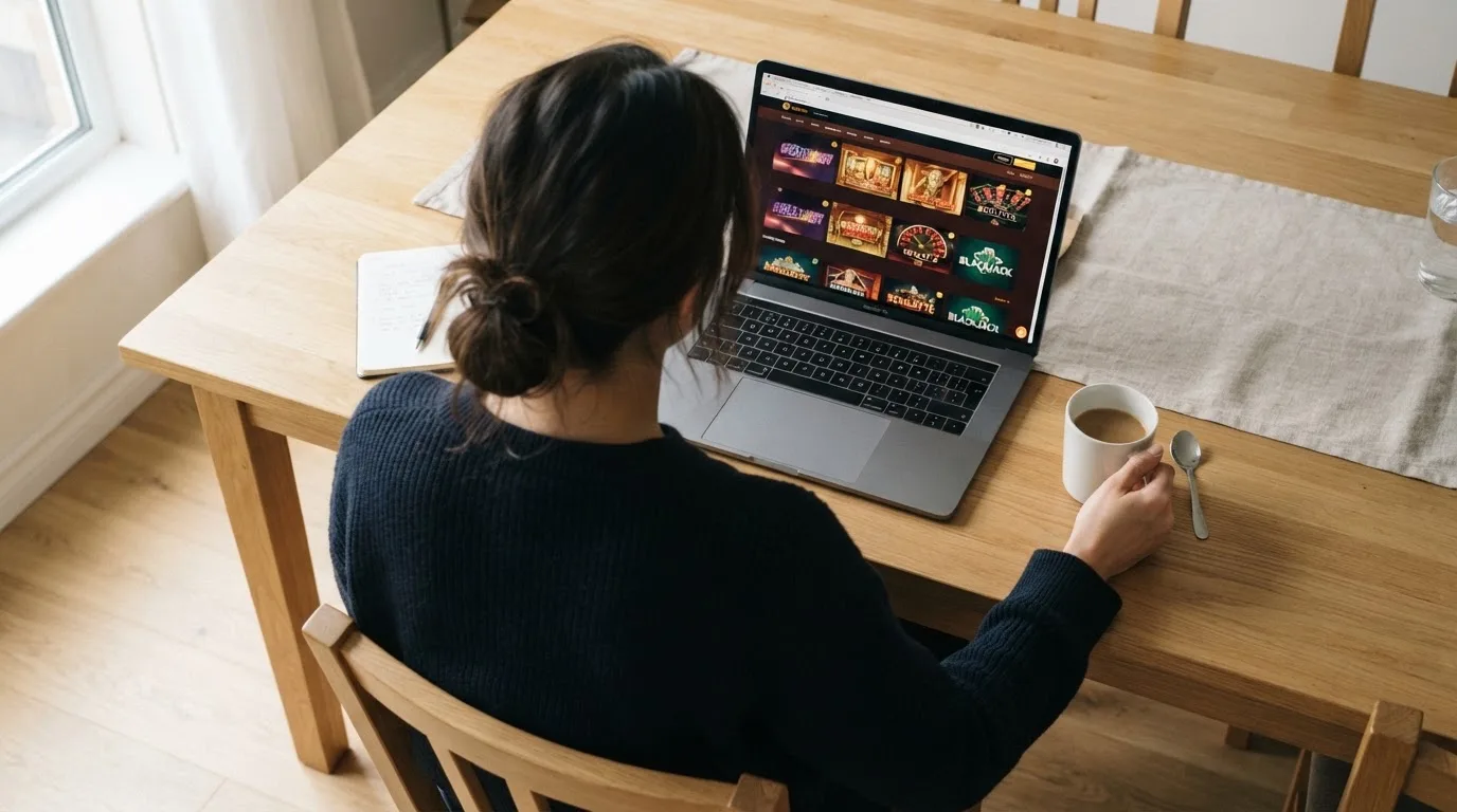 Person am Laptop liest eine Übersichtsseite zu Geldspielen im Internet — beste online casino mit banküberweisung bezahlen