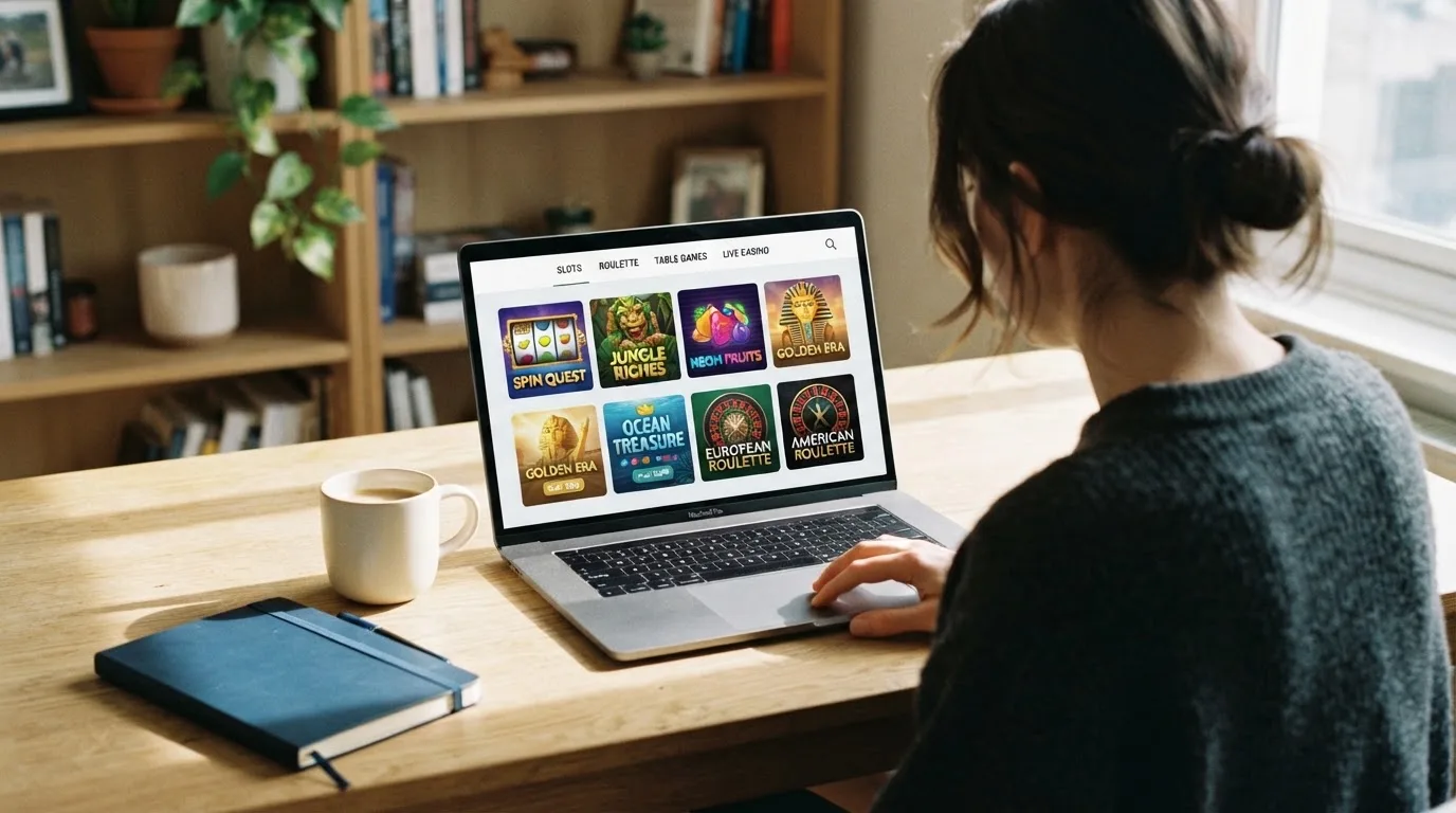 Person am Laptop liest eine Übersichtsseite zu Geldspielen im Internet — beste online casino mit cashtocode bezahlen