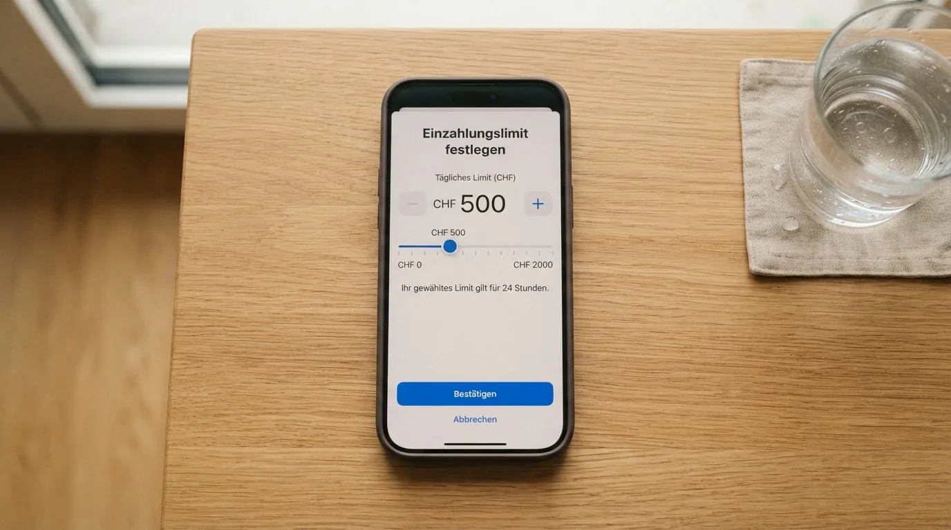 Hand hält ein Smartphone mit einem Formular zur Einzahlungsgrenze, ruhige Stimmung — beste online casino schweiz