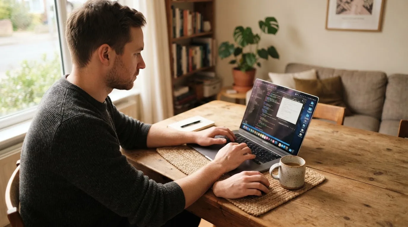 Mann sitzt am Wohnzimmertisch und tippt auf seinem Laptop, eine Kaffeetasse steht griffbereit daneben.