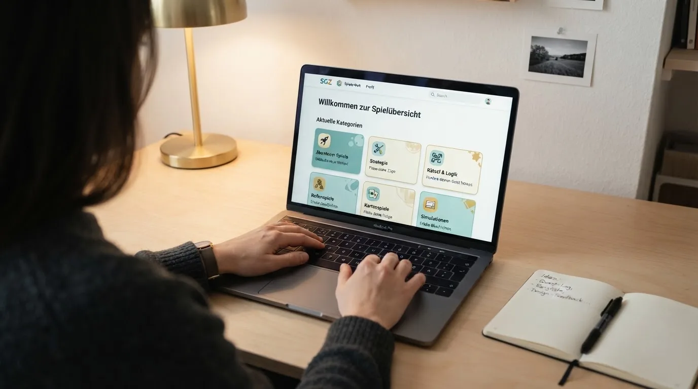 Person am Laptop liest eine Übersichtsseite zu Geldspielen im Internet — beste online casinos ohne verifizierung