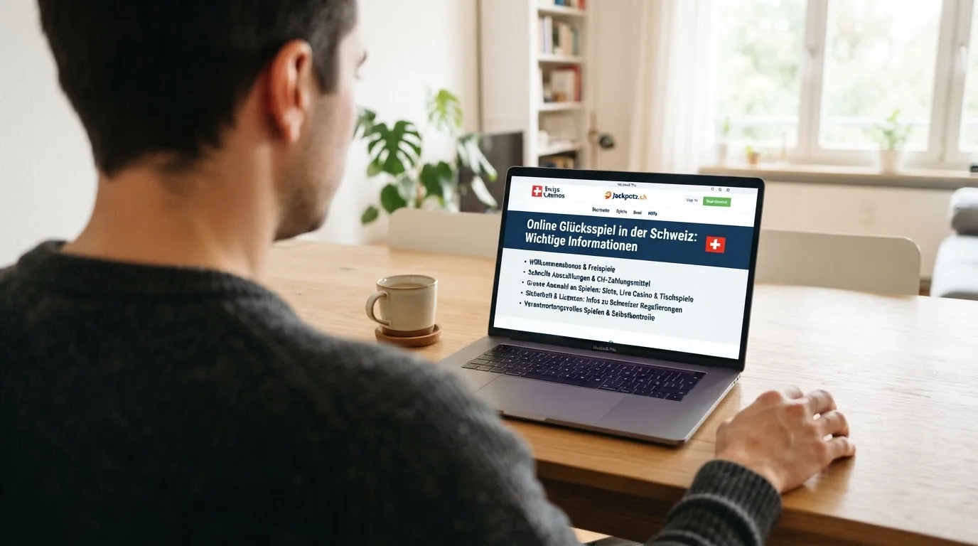 Person am Laptop liest eine Übersichtsseite zu Geldspielen im Internet — bester willkommensbonus online casino
