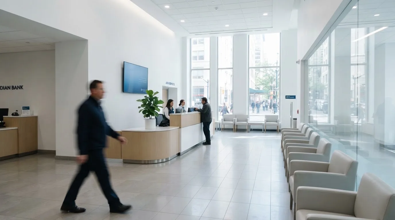 Blick auf eine helle Bankfiliale mit Wartebereich, im Vordergrund unscharf eine Person mit Jacke.