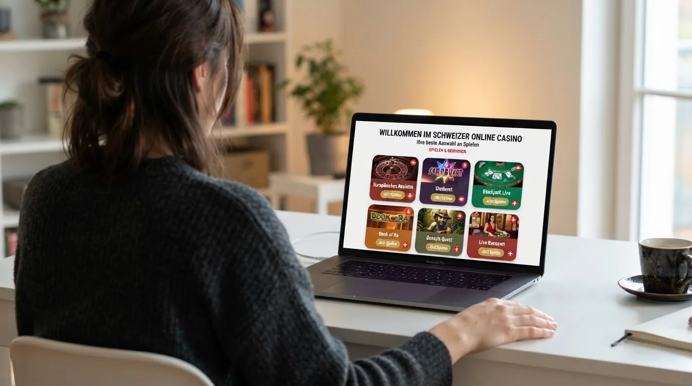 Person am Laptop liest eine Übersichtsseite zu Geldspielen im Internet — binance coin casino vergleich