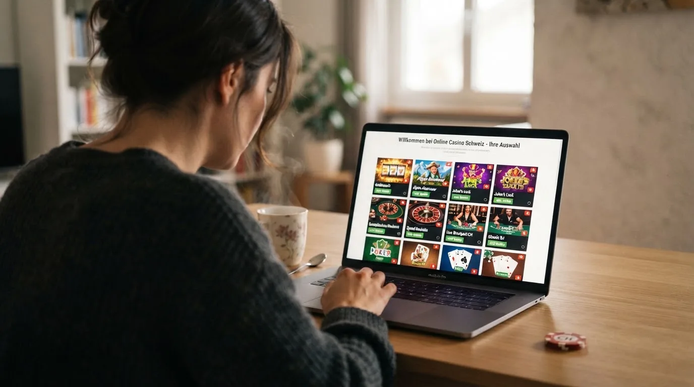 Person am Laptop liest eine Übersichtsseite zu Geldspielen im Internet — bitcoin cash casino vergleich
