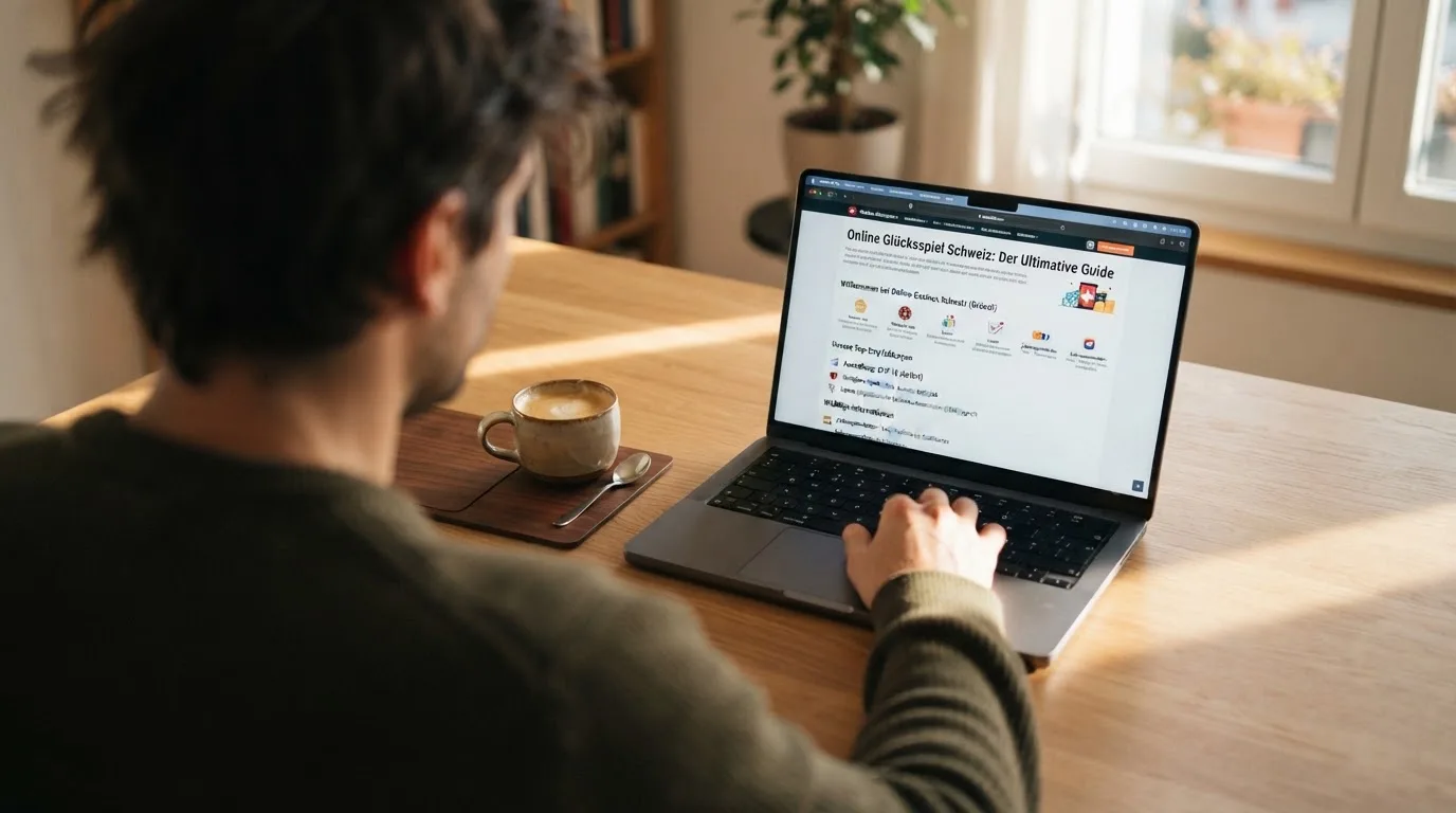 Person am Laptop liest eine Übersichtsseite zu Geldspielen im Internet — casino online mit bonus ohne einzahlung