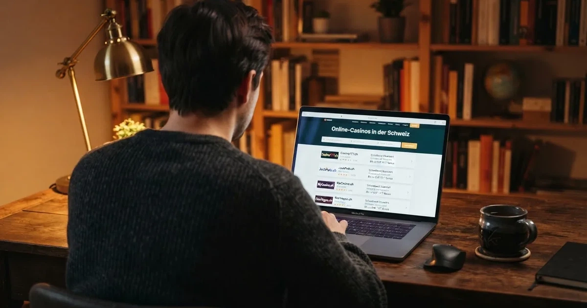 Person am Laptop liest eine Übersichtsseite zu Geldspielen im Internet — freie 90 tage qualifikationszeitraum casino