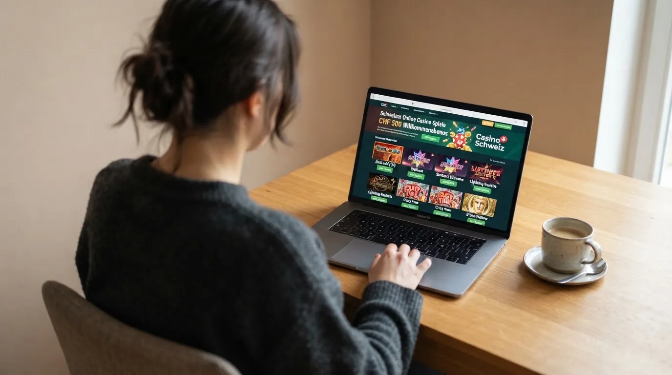 Person am Laptop liest eine Übersichtsseite zu Geldspielen im Internet — handy casino echtgeld bonus ohne einzahlung