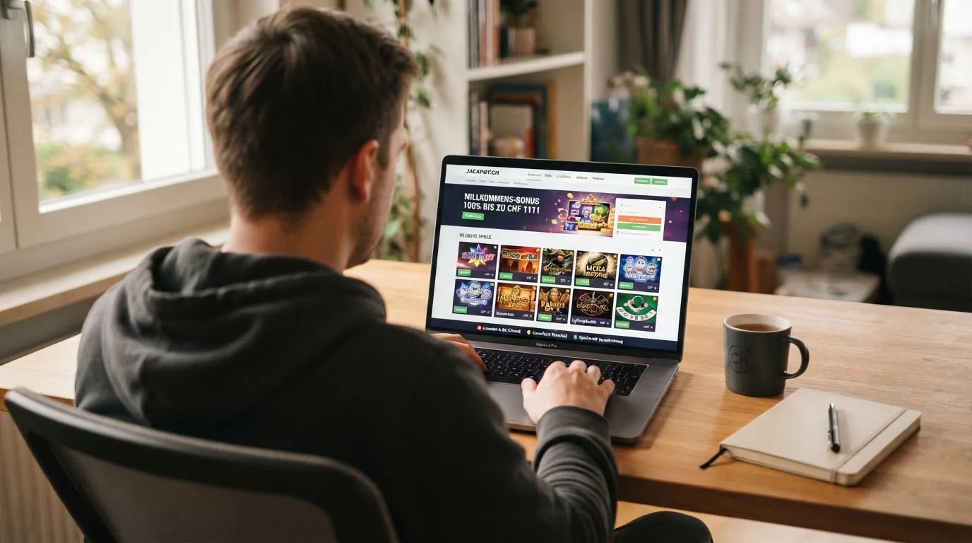 Person am Laptop liest eine Übersichtsseite zu Geldspielen im Internet — online casino bonus ohne einzahlung ohne download
