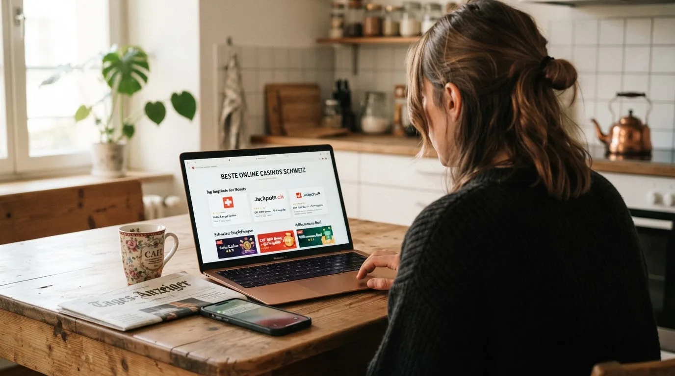 Person am Laptop liest eine Übersichtsseite zu Geldspielen im Internet — online casino bonus ohne umsatzbedingungen