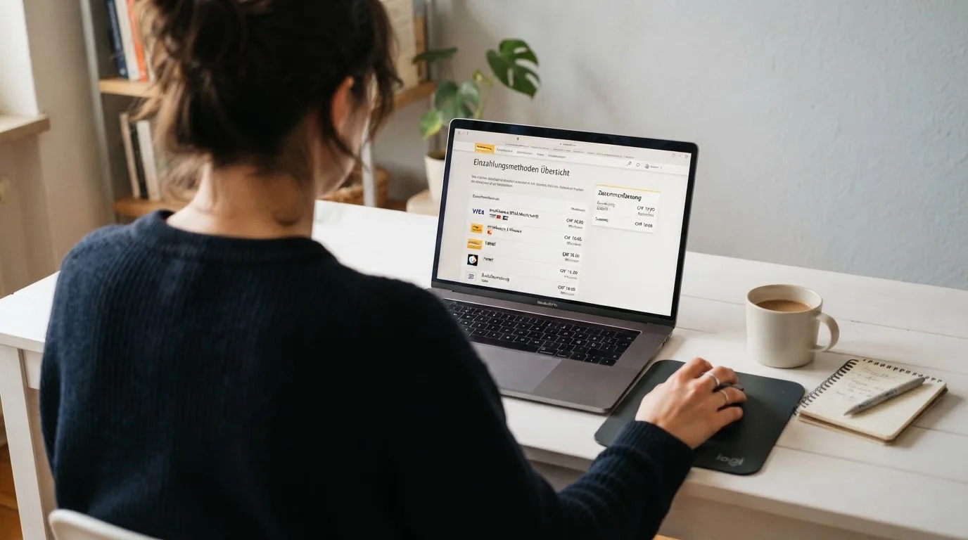 Person am Laptop liest eine Übersichtsseite zu Geldspielen im Internet — online casino einzahlungsbonus