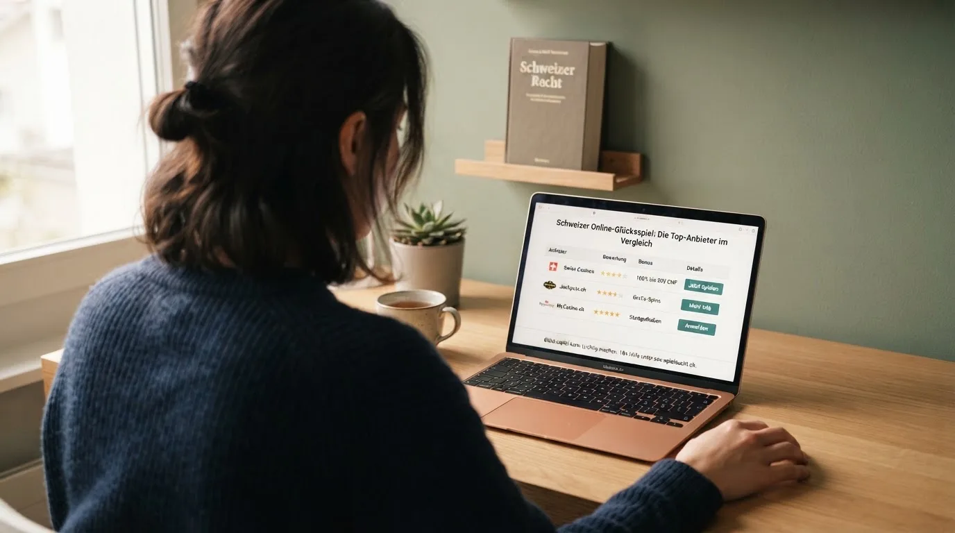 Person am Laptop liest eine Übersichtsseite zu Geldspielen im Internet — online casino gutschein codes