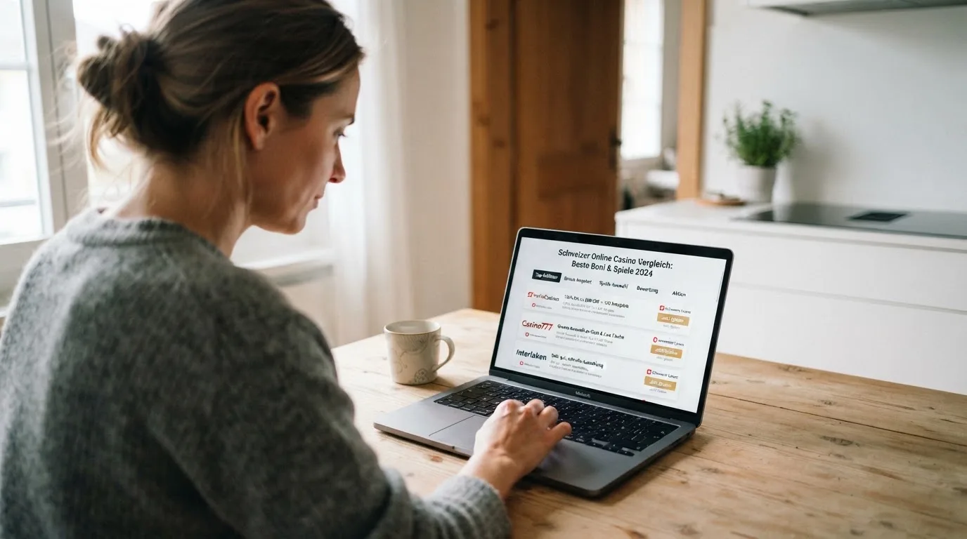 Person am Laptop liest eine Übersichtsseite zu Geldspielen im Internet — online casino mit 100% bonus