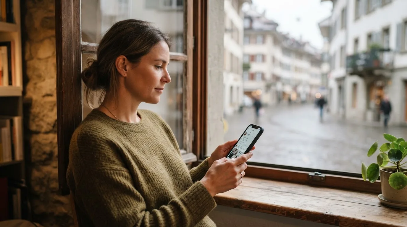 Frau lehnt entspannt an einer Fensterbank und liest auf ihrem Smartphone, Blick auf eine Strasse im Hintergrund.