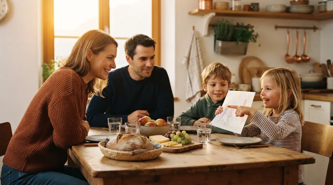 Familie sitzt am Esstisch, ein Kind zeigt der Mutter etwas auf einem Blatt Papier, warmes Abendlicht.