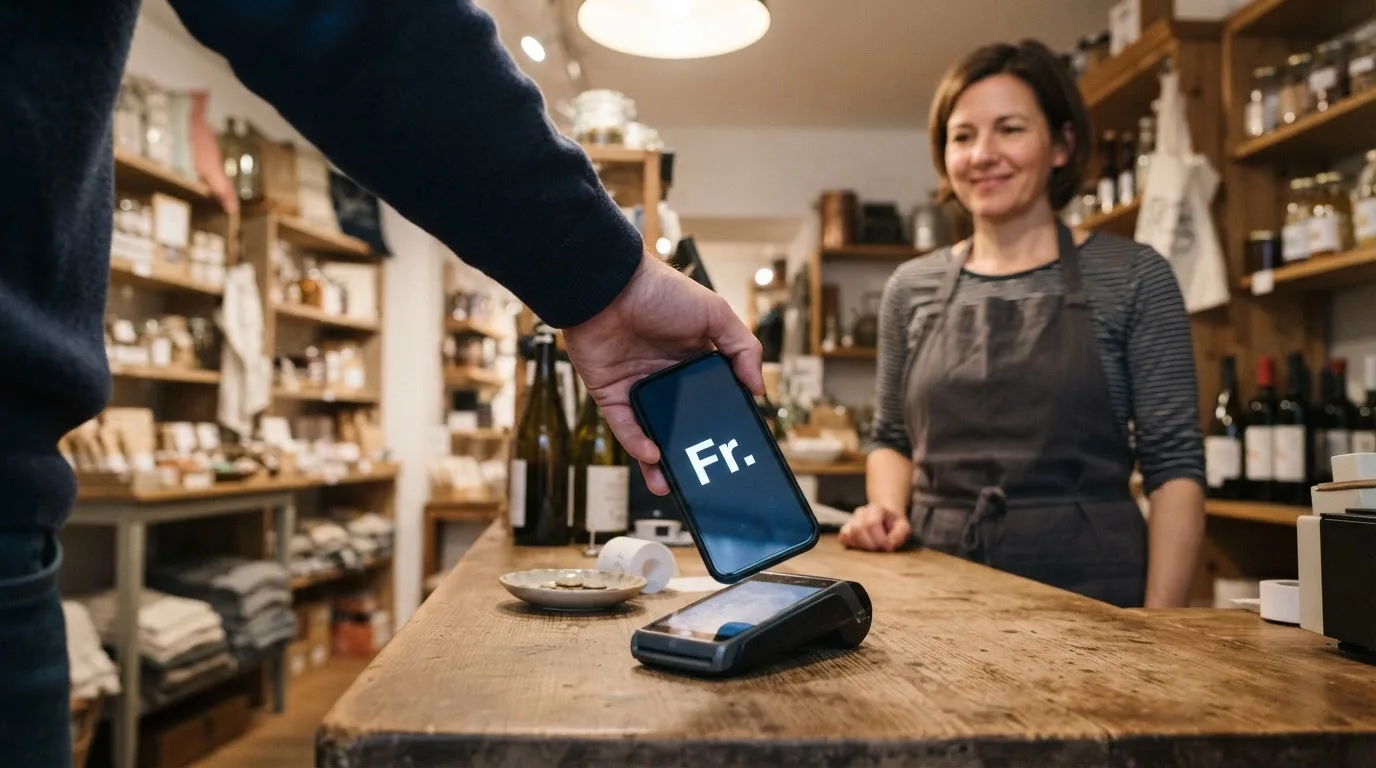 Hand hält ein Smartphone über einem Kassenterminal in einem kleinen Laden, freundliche Verkäuferin im Hintergrund.