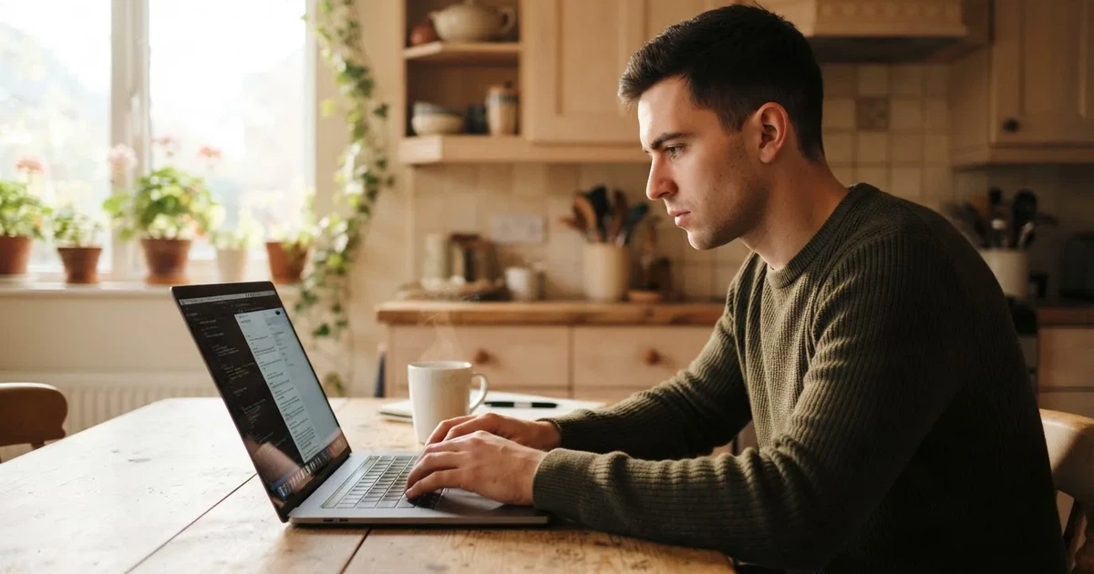 Junger Mann sitzt am Küchentisch und tippt konzentriert auf seinem Laptop, eine Kaffeetasse steht daneben.