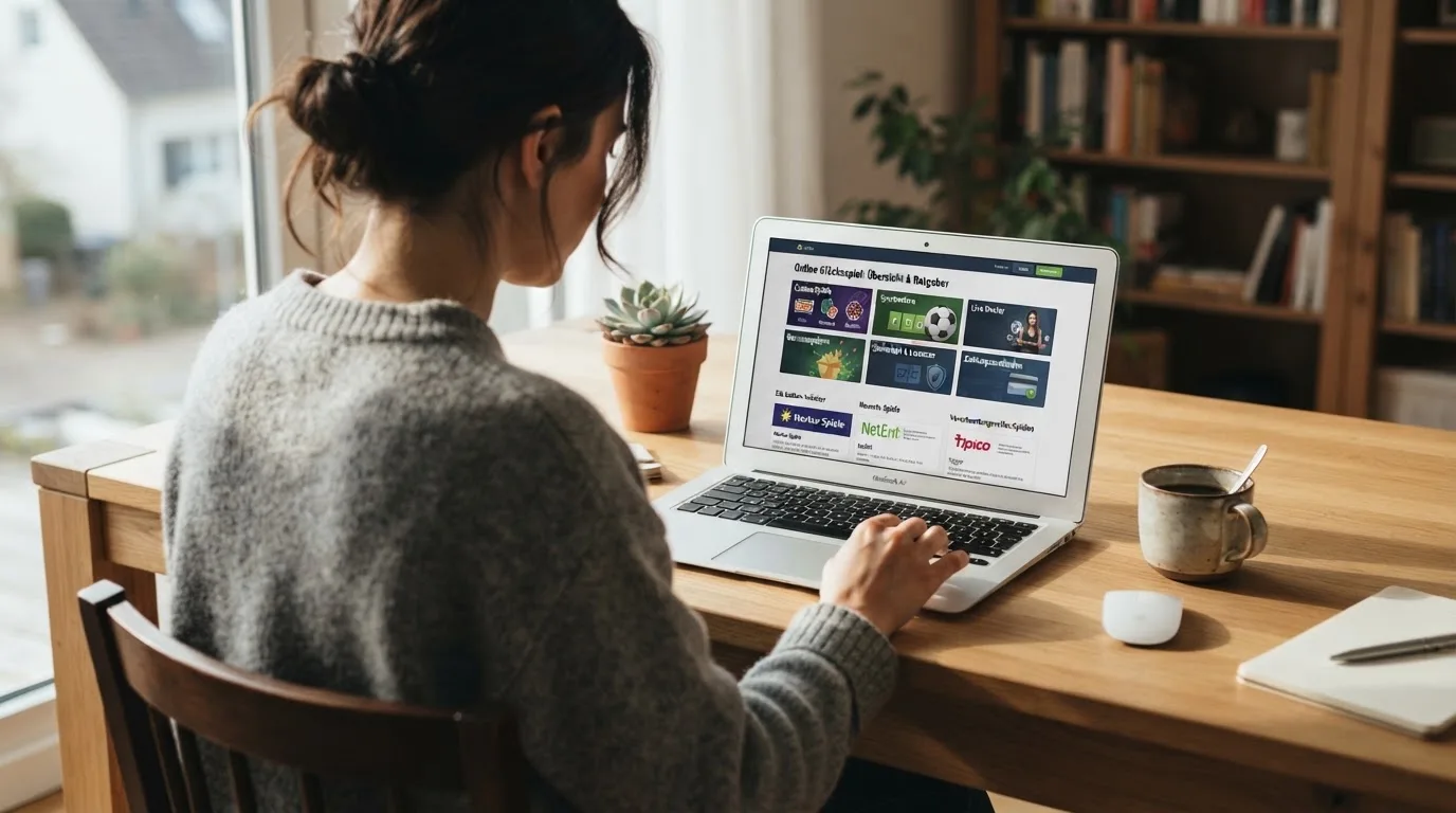 Person am Laptop liest eine Übersichtsseite zu Geldspielen im Internet — online casino mit 300% bonus