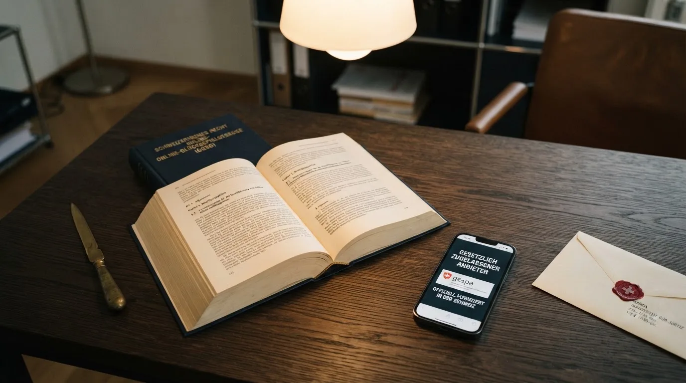 Amtliches Schreiben mit Stempel auf einem Schreibtisch neben einem Gesetzbuch — online casino mit 300% bonus