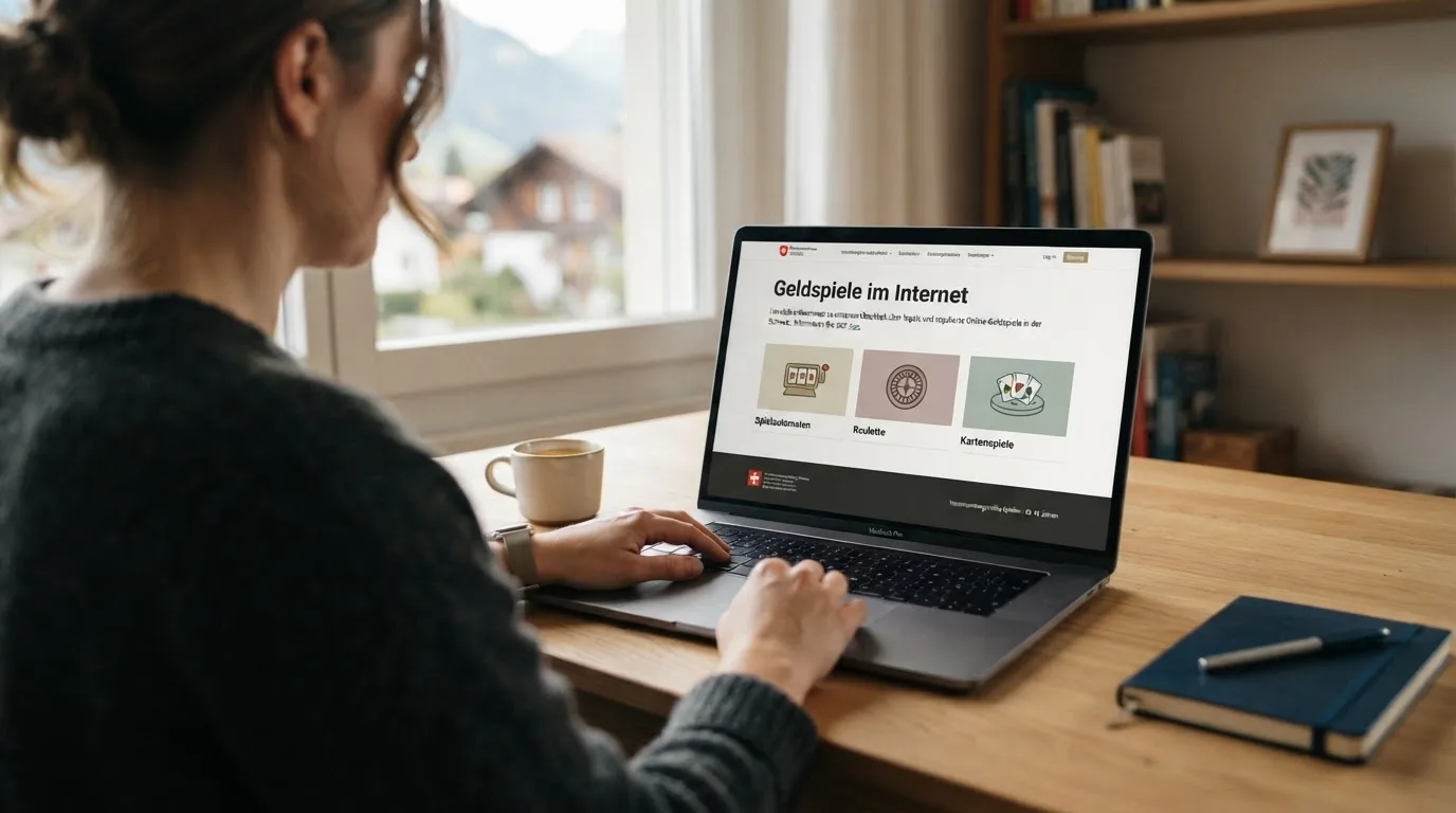 Person am Laptop liest eine Übersichtsseite zu Geldspielen im Internet — online casino mit autoplay