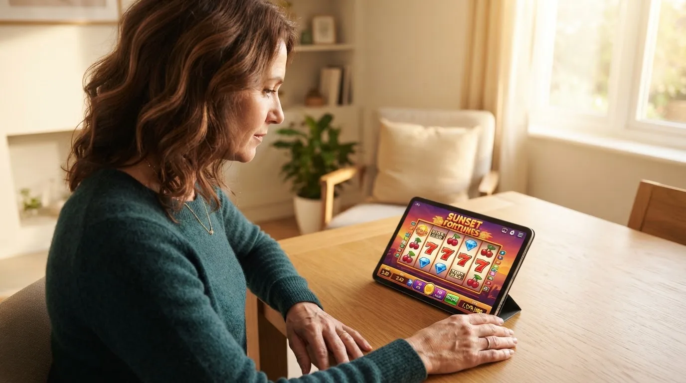 Frau sitzt am Wohnzimmertisch und schaut konzentriert auf ihr Tablet, Nachmittagslicht durchs Fenster.